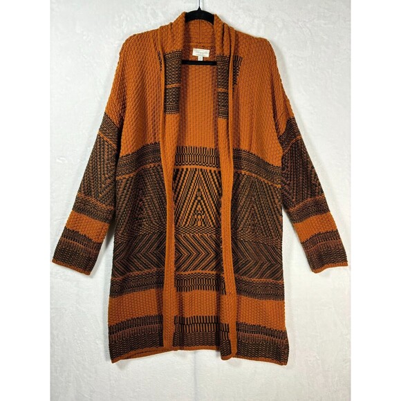 Lucky Brand Sweaters - Lucky Brand Cardigan Sweater Womens Large Orange Black Long Open Front Duster